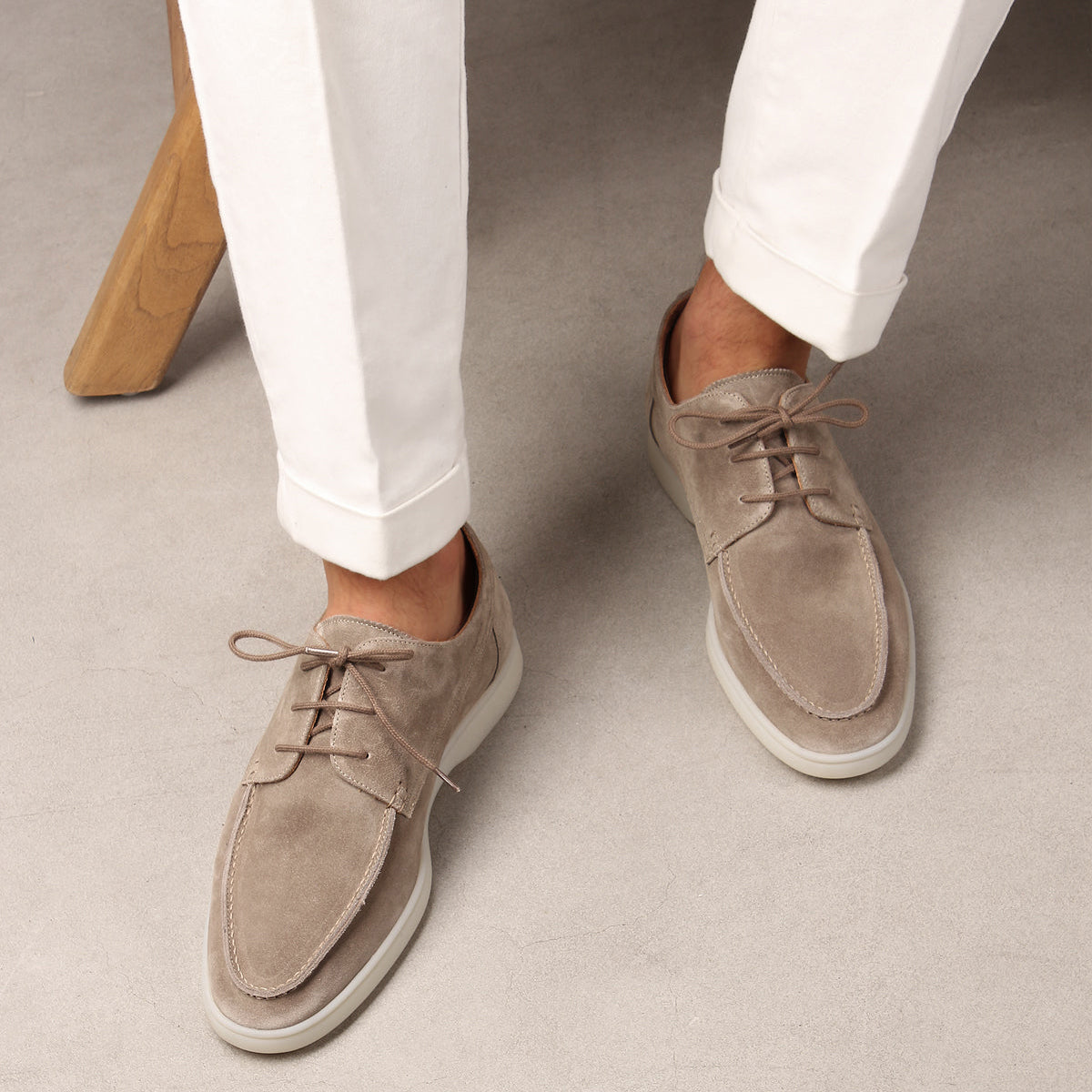 Light Grey Suede Cenia Derby Shoes with White Sole Summer 2024
