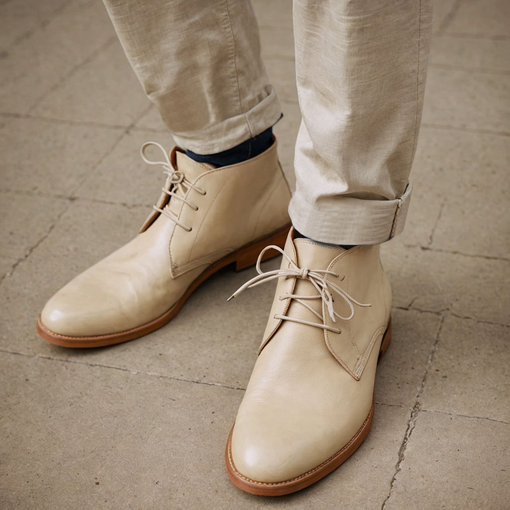 Cream Leather Sahara Step Chukka Desert Boots with Leather 