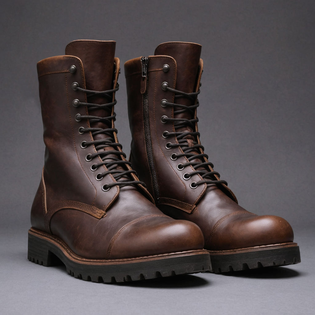 Dark Brown Leather Oriella Lace Up Chunky Derby Boots with Zipper