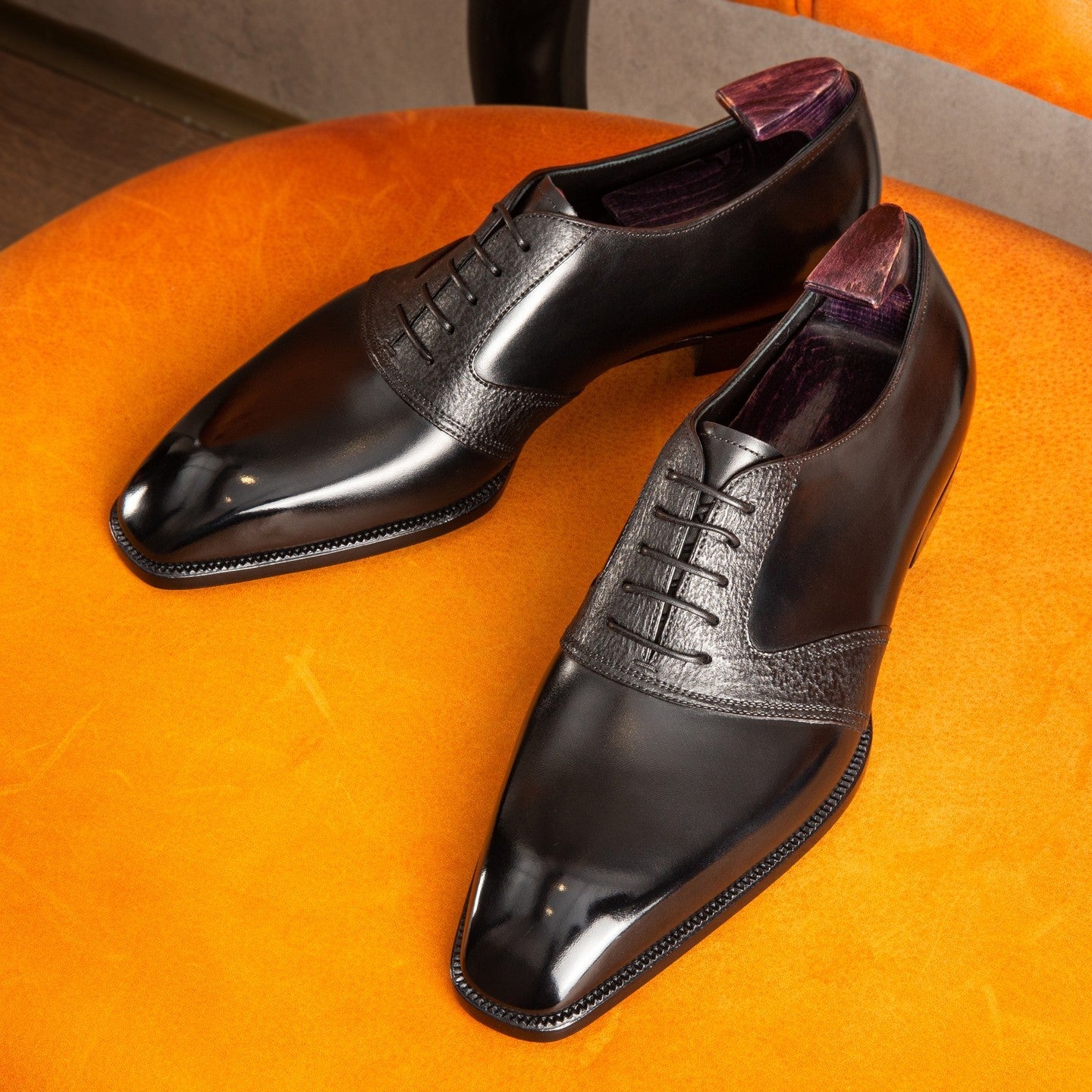 Black Italian Leather Cedara Brogue Wingtip Oxfords - Formal Shoes