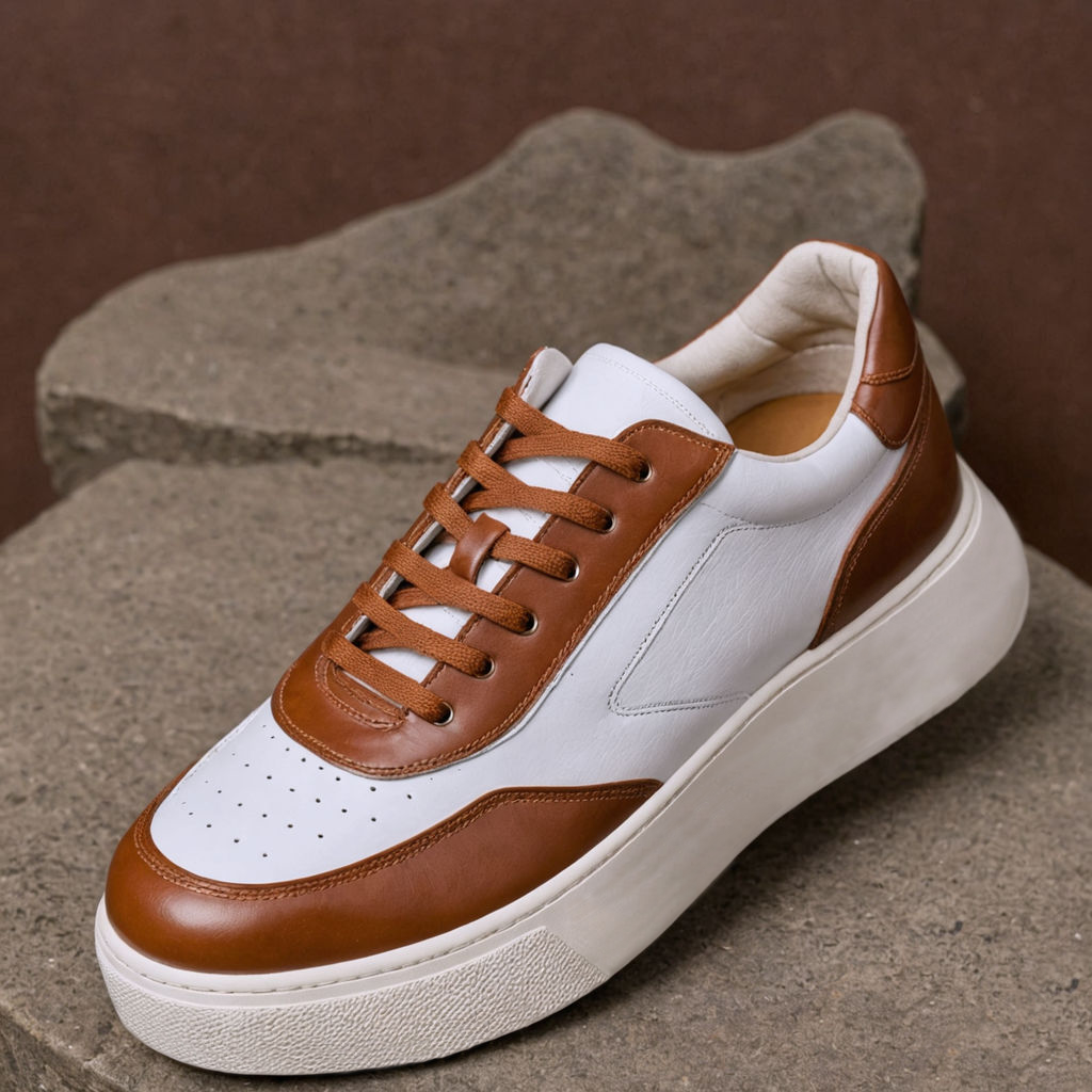 White & Brown Leather Savvy Lace-Up Sneakers with White Sole