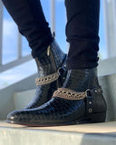 Black Crocodile Print Italian Leather Ravien Harness Chelsea Boots with Silver Chain 