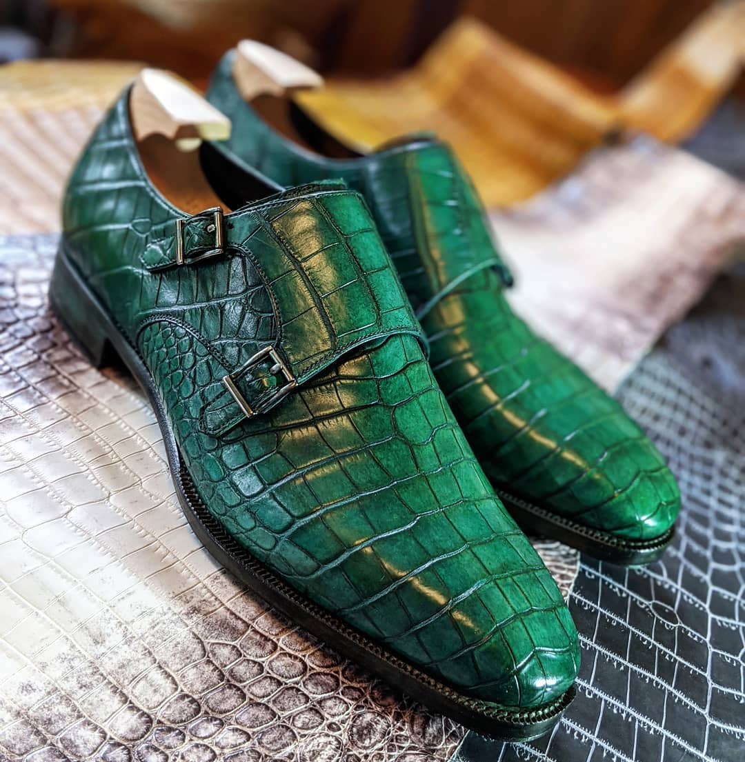 Green Crocodile Print Leather Quito Double Monk Straps - Alligator