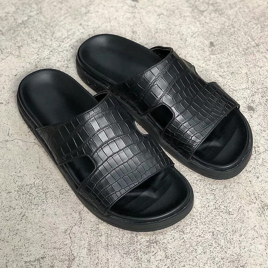 Black Crocodile Print Leather Trujillo Slippers - Alligator Print