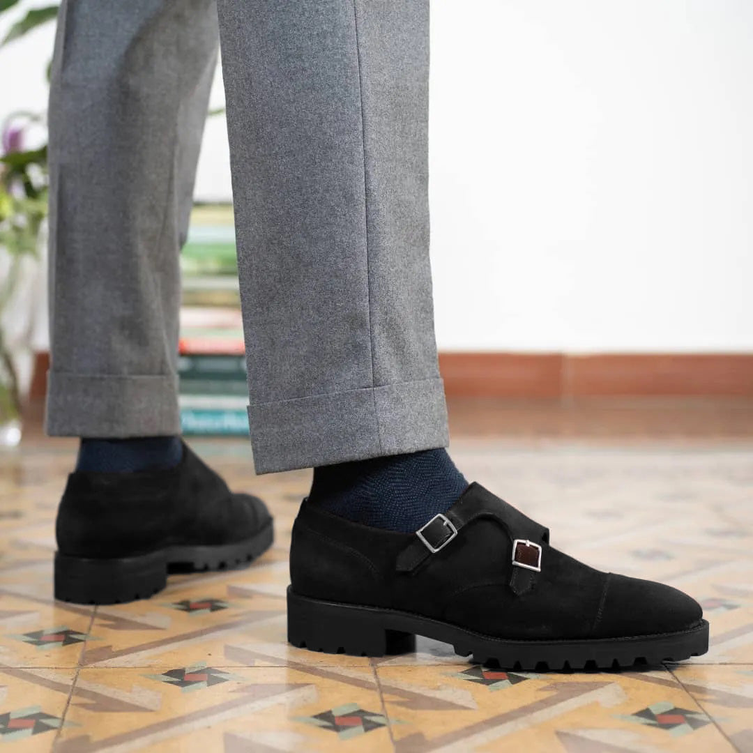 Black suede double monk strap shoes Clearance