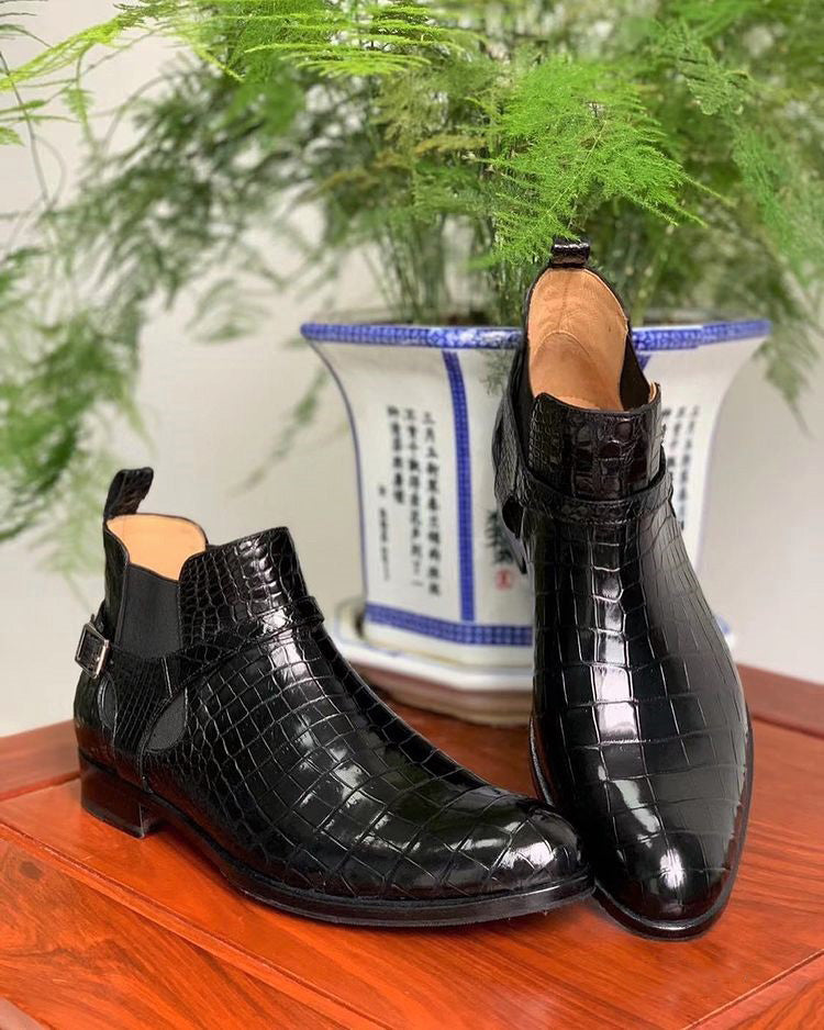 Black Crocodile Print Leather Santana Monk Strap Chelsea Boots