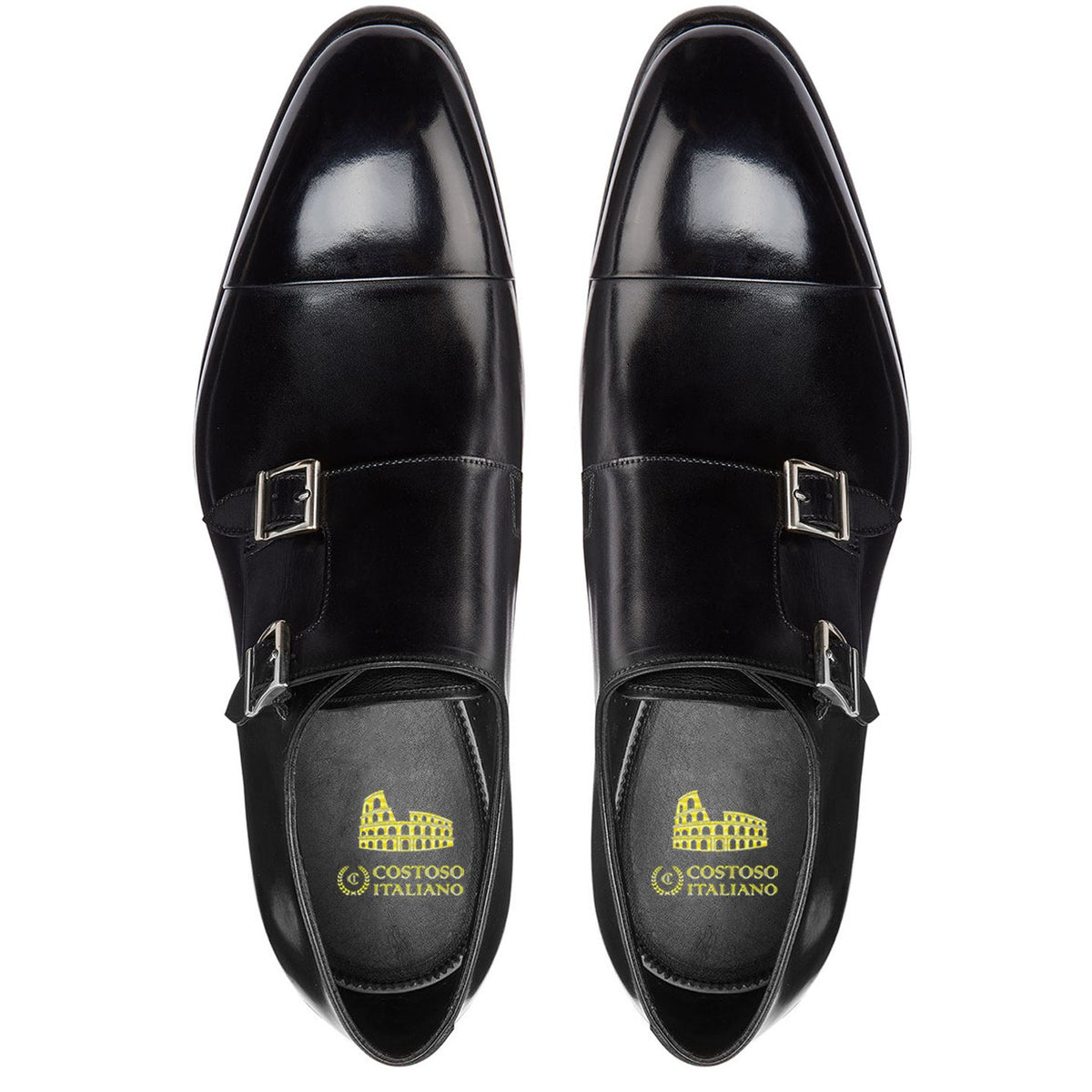 Flat Feet Shoes Black Leather Castle Monk Straps with Arch