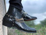 Black Crocodile Print Italian Leather Ravien Harness Chelsea Boots with Silver Chain 