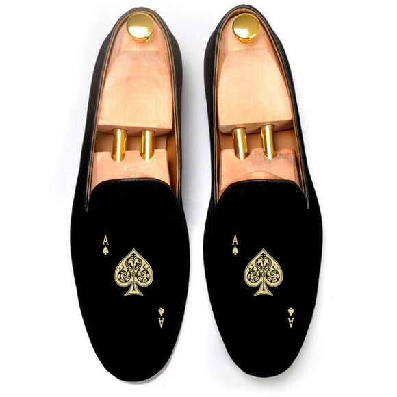 Flat Feet Shoes - Black Velvet Ace of Spades Embroidered Loafers with Arch Support