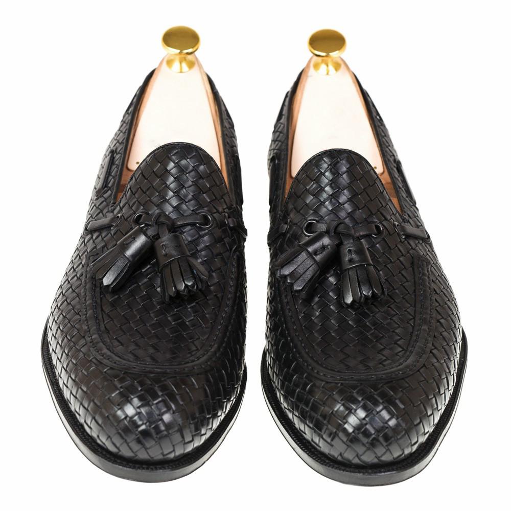 Flat Feet Shoes Black Hand Woven Braided Leather Acton Loafers