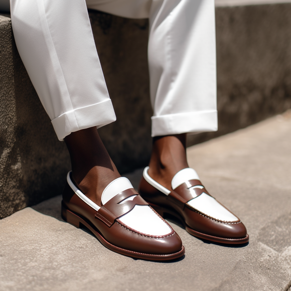 Brown and White Intellecta Penny Loafers - Summer 2024 Collection