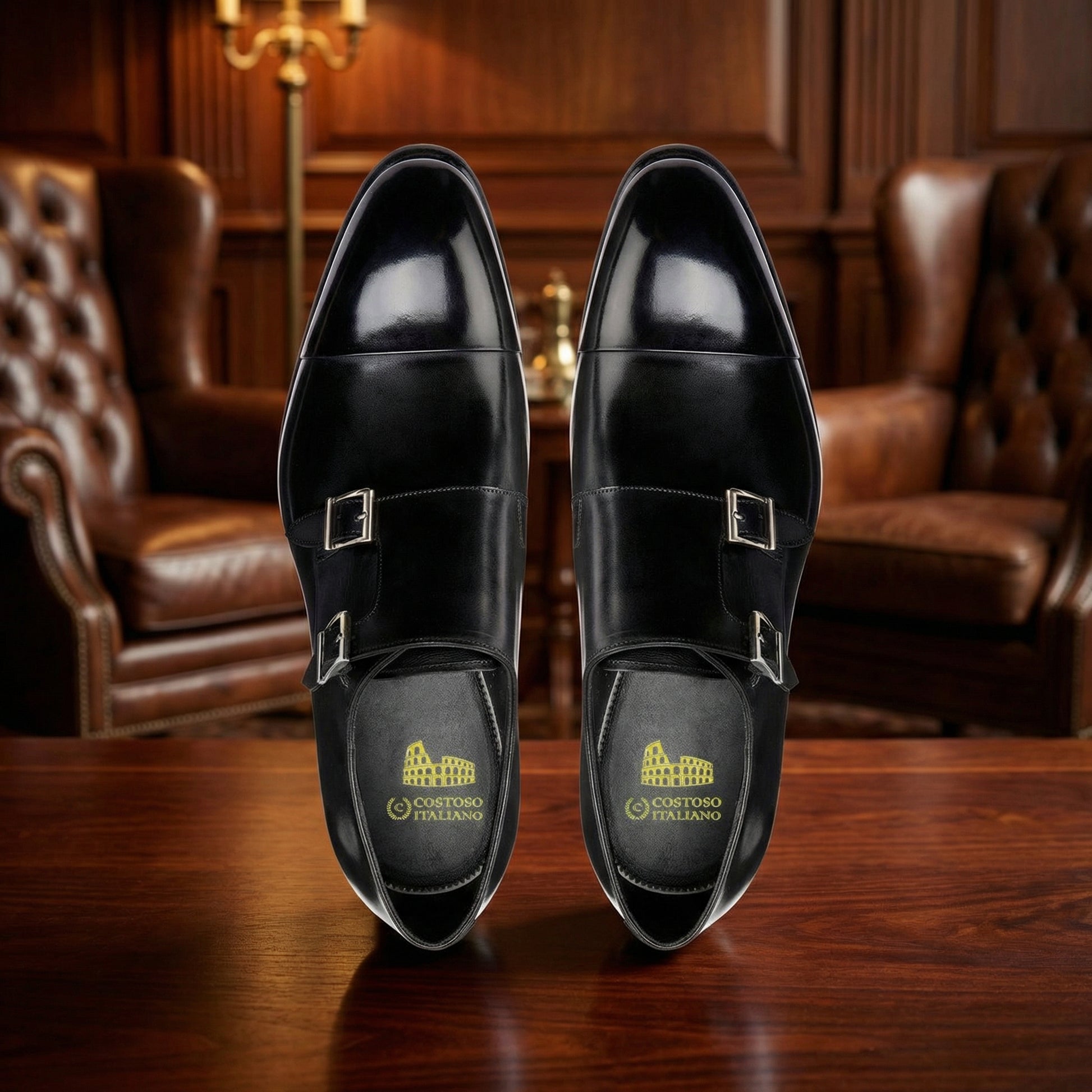Height Increasing Black Leather Castle Monk Straps