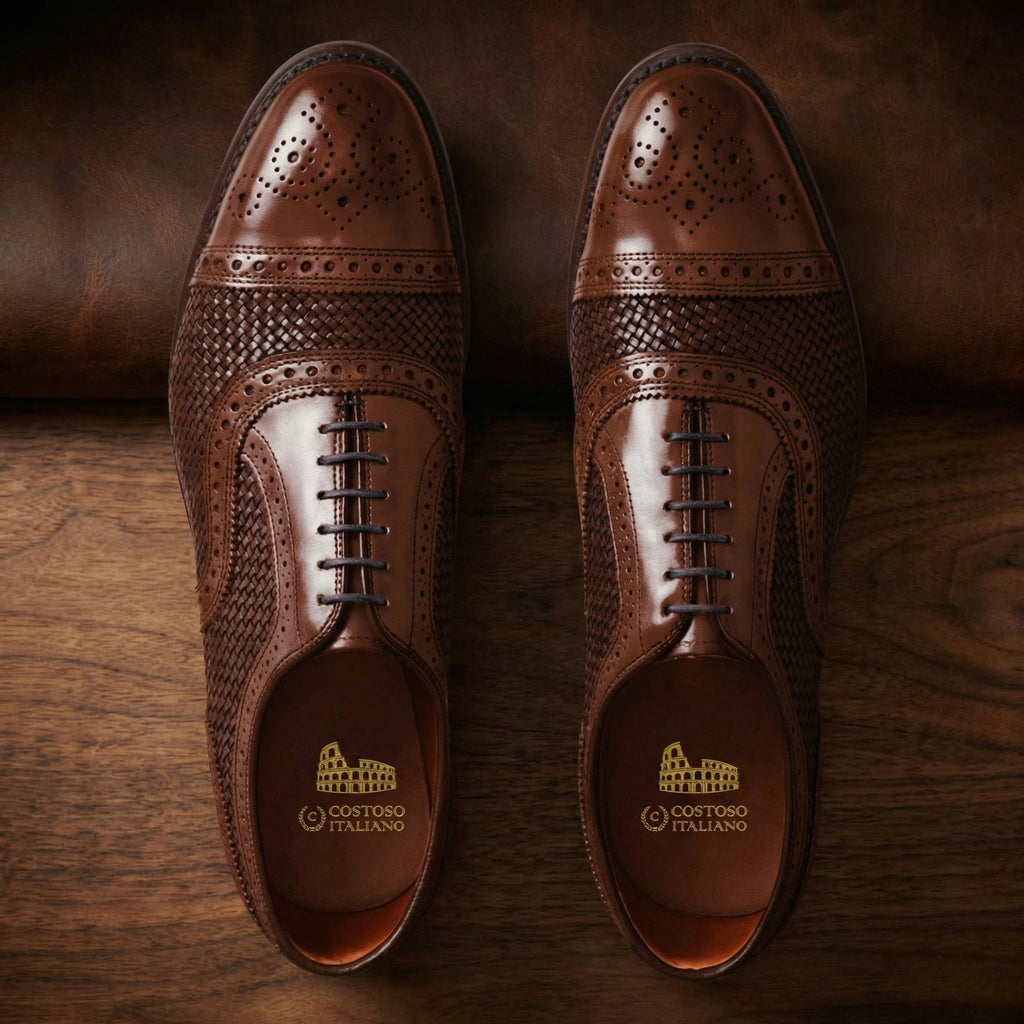 Height Increasing Brown Braided Leather Morice Brogue Oxfords