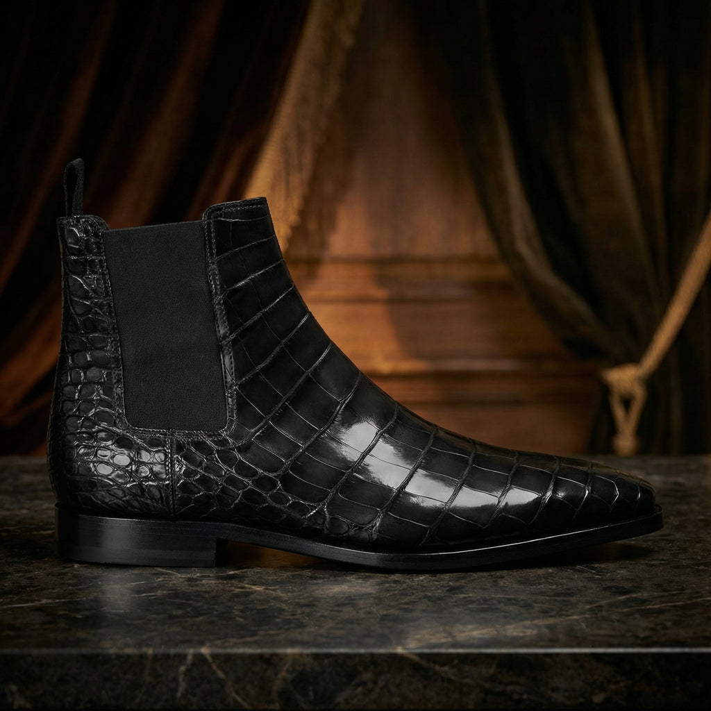 Black Alligator Textured Leather Evington Chelsea Slip On Boots