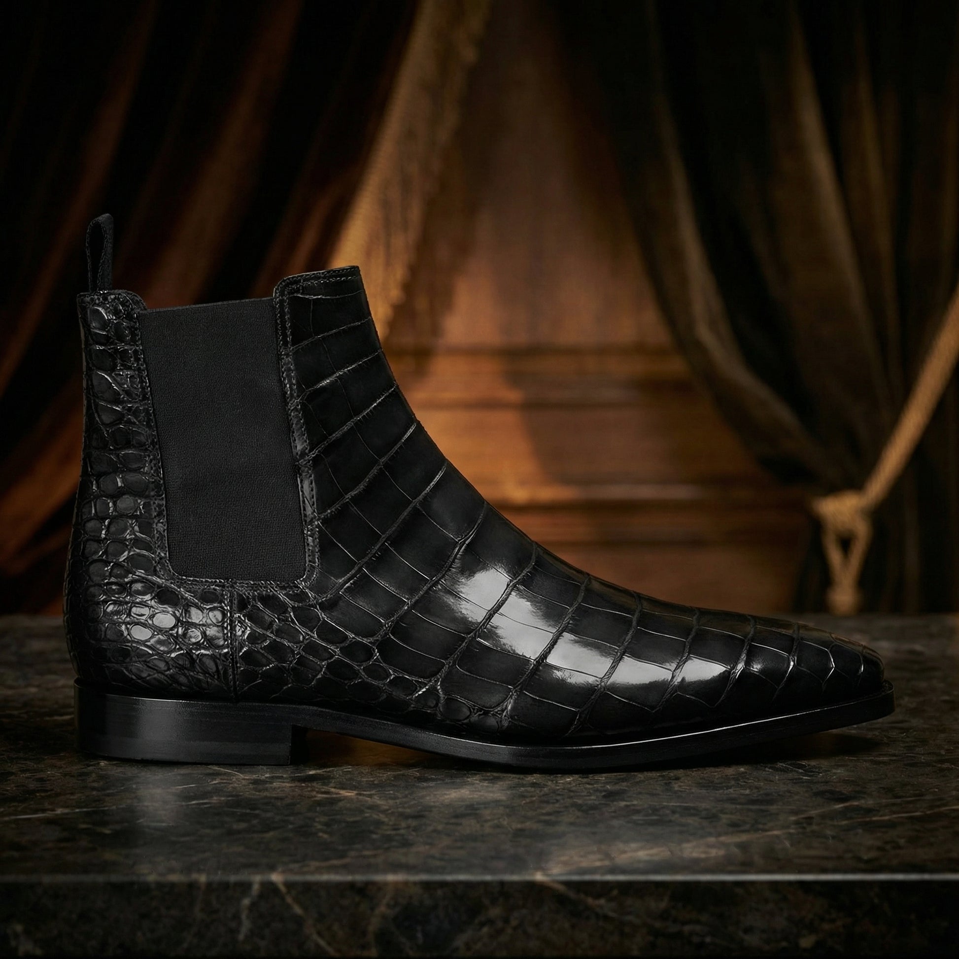 Black Alligator Textured Leather Evington Chelsea Slip On Boots