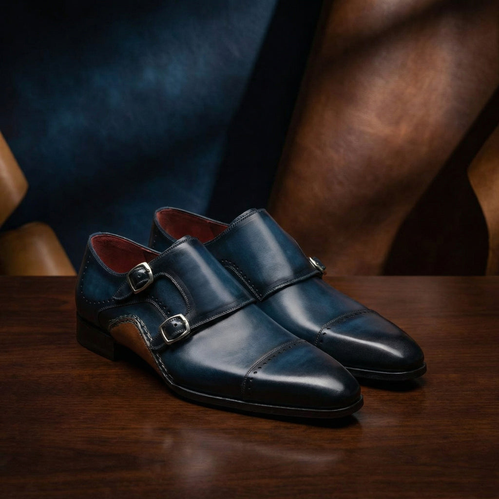 Navy Blue Leather Victoria Monk Strap Shoes