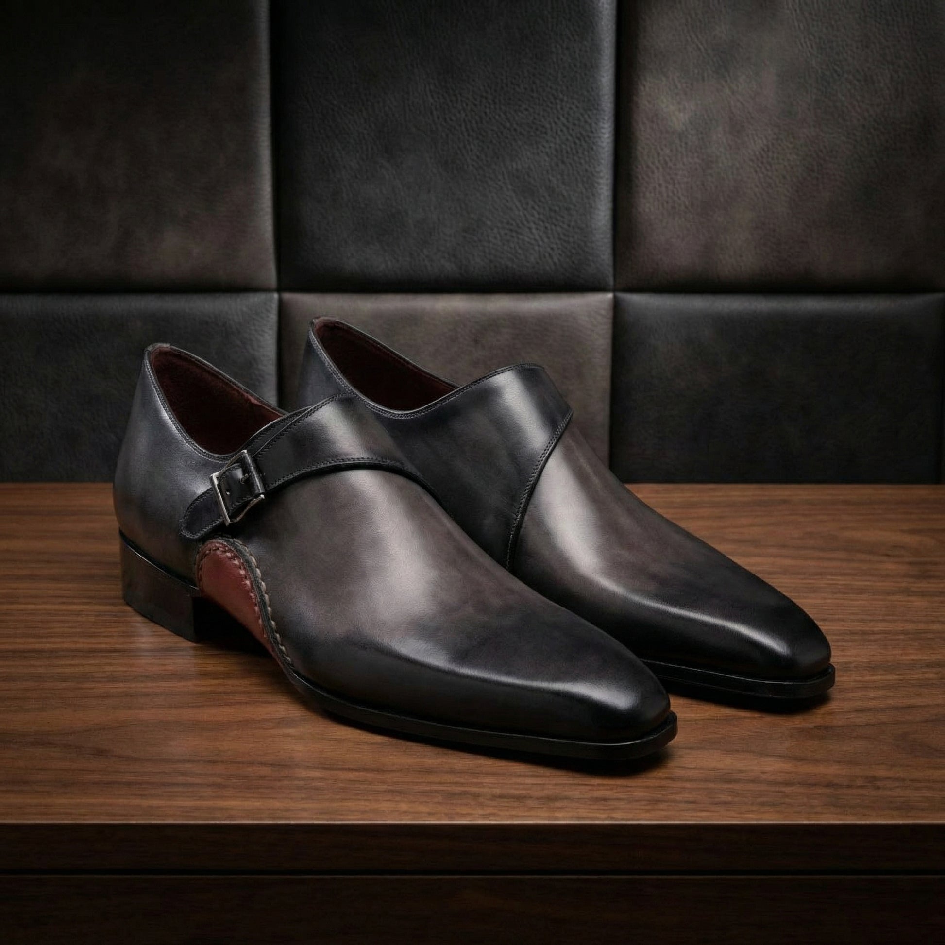 Height Increasing Black Leather Bathurst Monk Straps Shoes