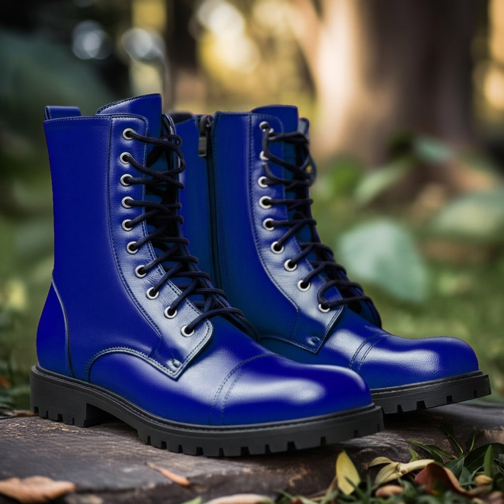 Blue Leather Belinda Chunky Hiking Combat Lace Up Zipper Boots