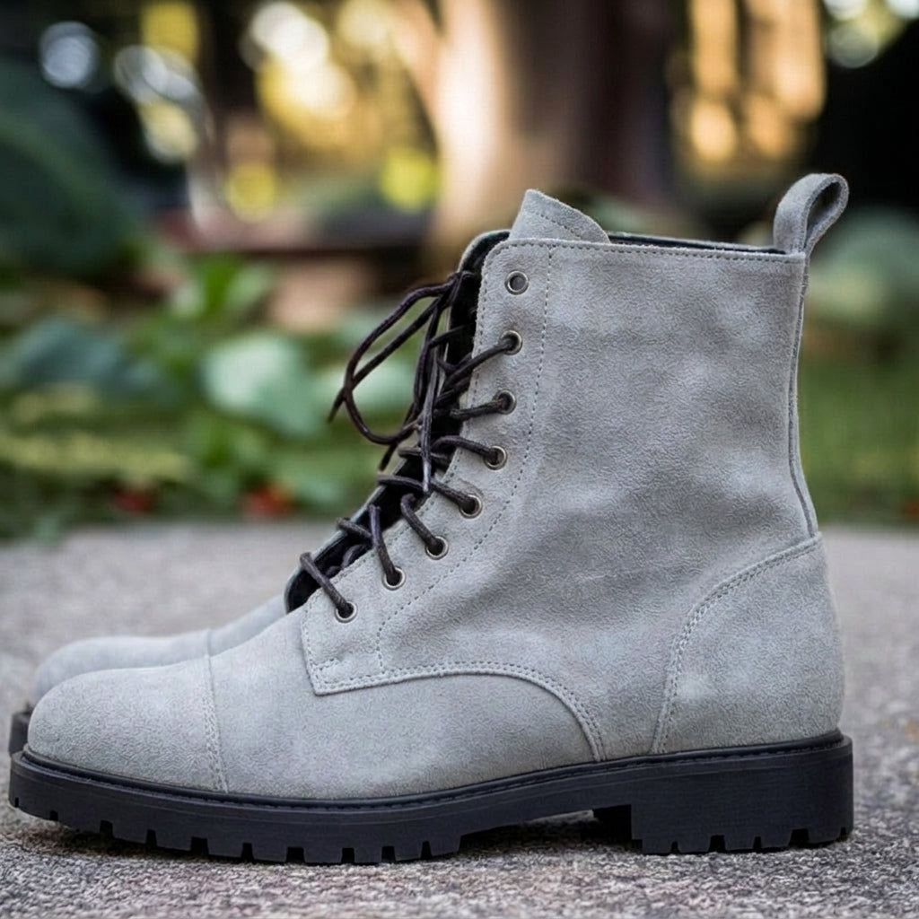 Grey Suede Leather Belinda Chunky Hiking Combat Lace Up Zipper Boots