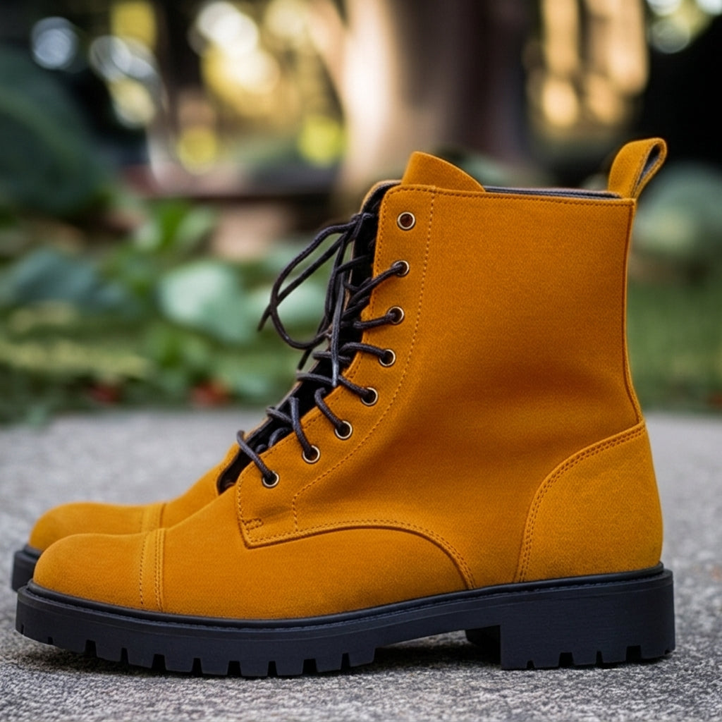 Tan Suede Leather Belinda Chunky Hiking Combat Lace Up Zipper Boots