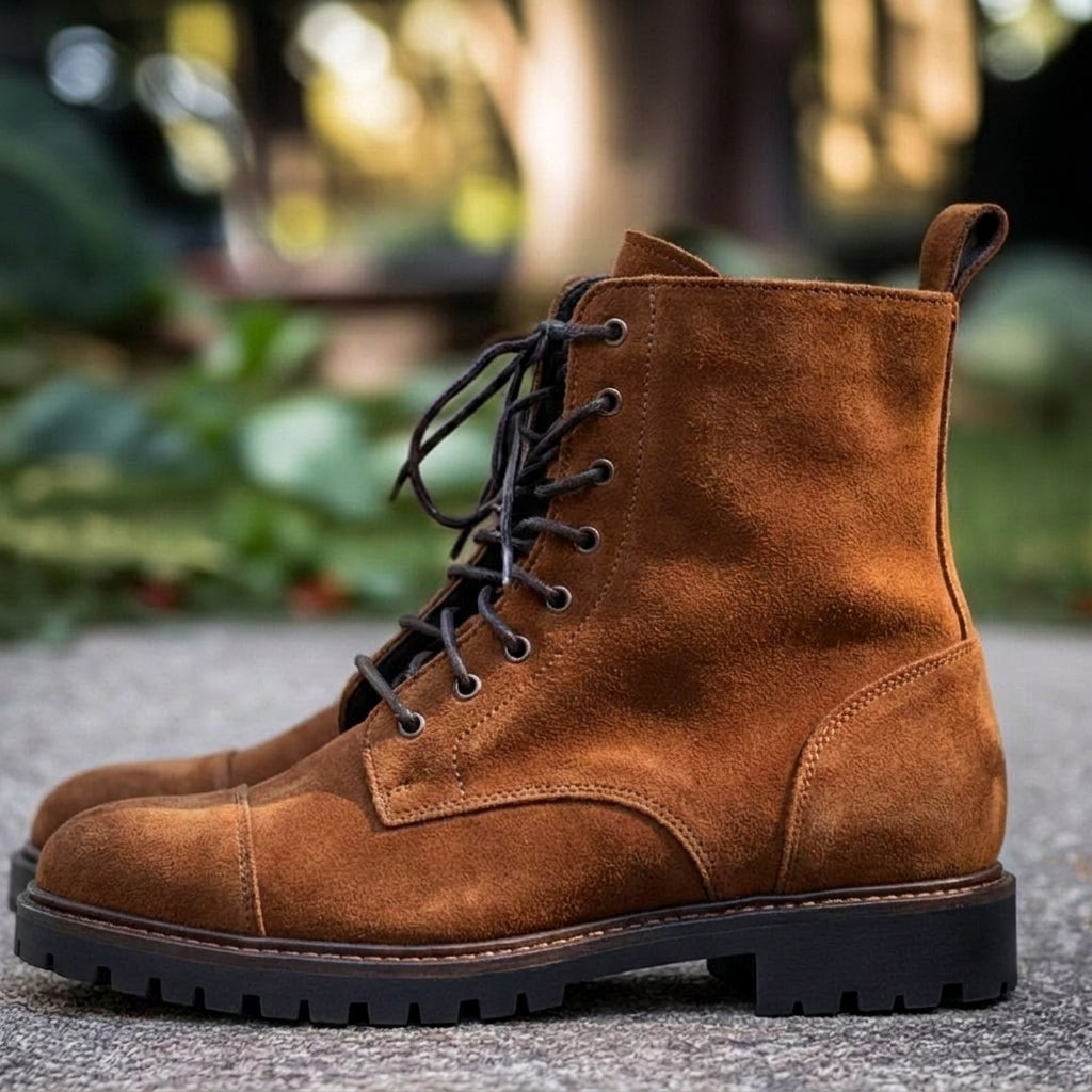Brown Suede Leather Belinda Chunky Hiking Combat Lace Up Zipper Boots