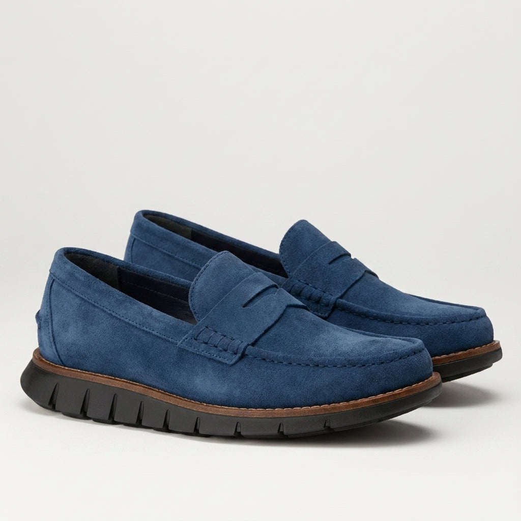 Blue Suede Leather Evarado Penny Loafers with Black Hybrid Sole - SS23