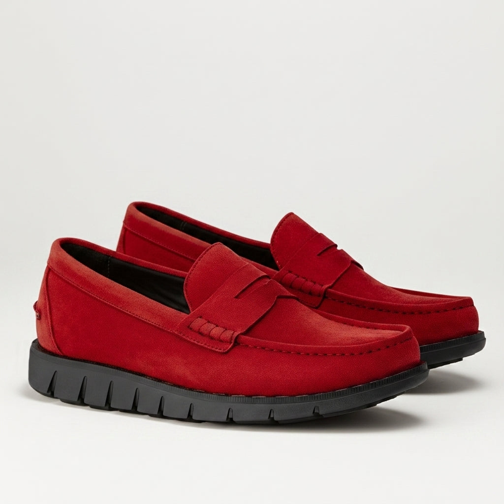 Brown Suede Leather Evarado Penny Loafers with Black Hybrid Sole - SS23