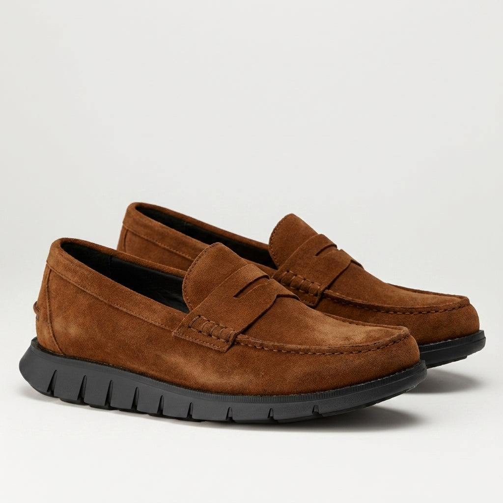 Tan Suede Leather Evarado Penny Loafers with Black Hybrid Sole - SS23
