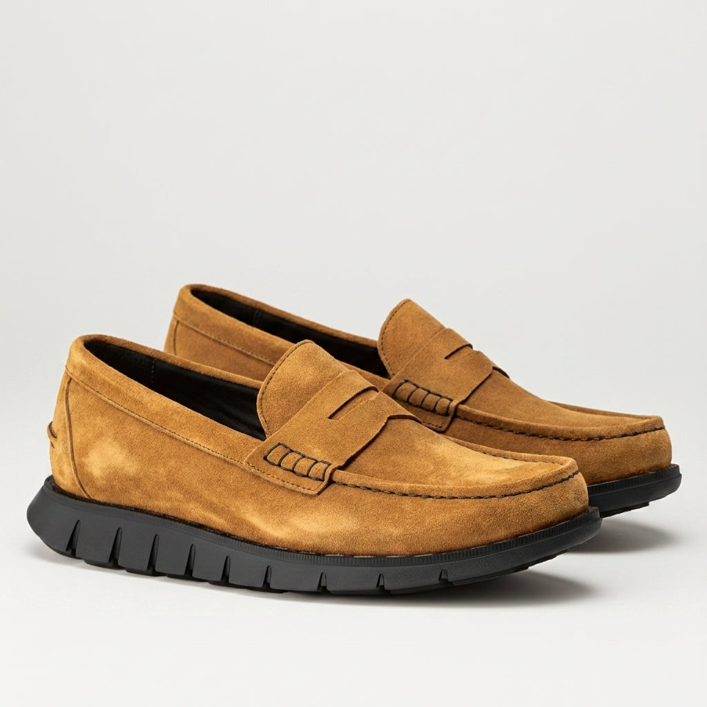 Cream Suede Leather Evarado Penny Loafers with Black Hybrid Sole - SS23