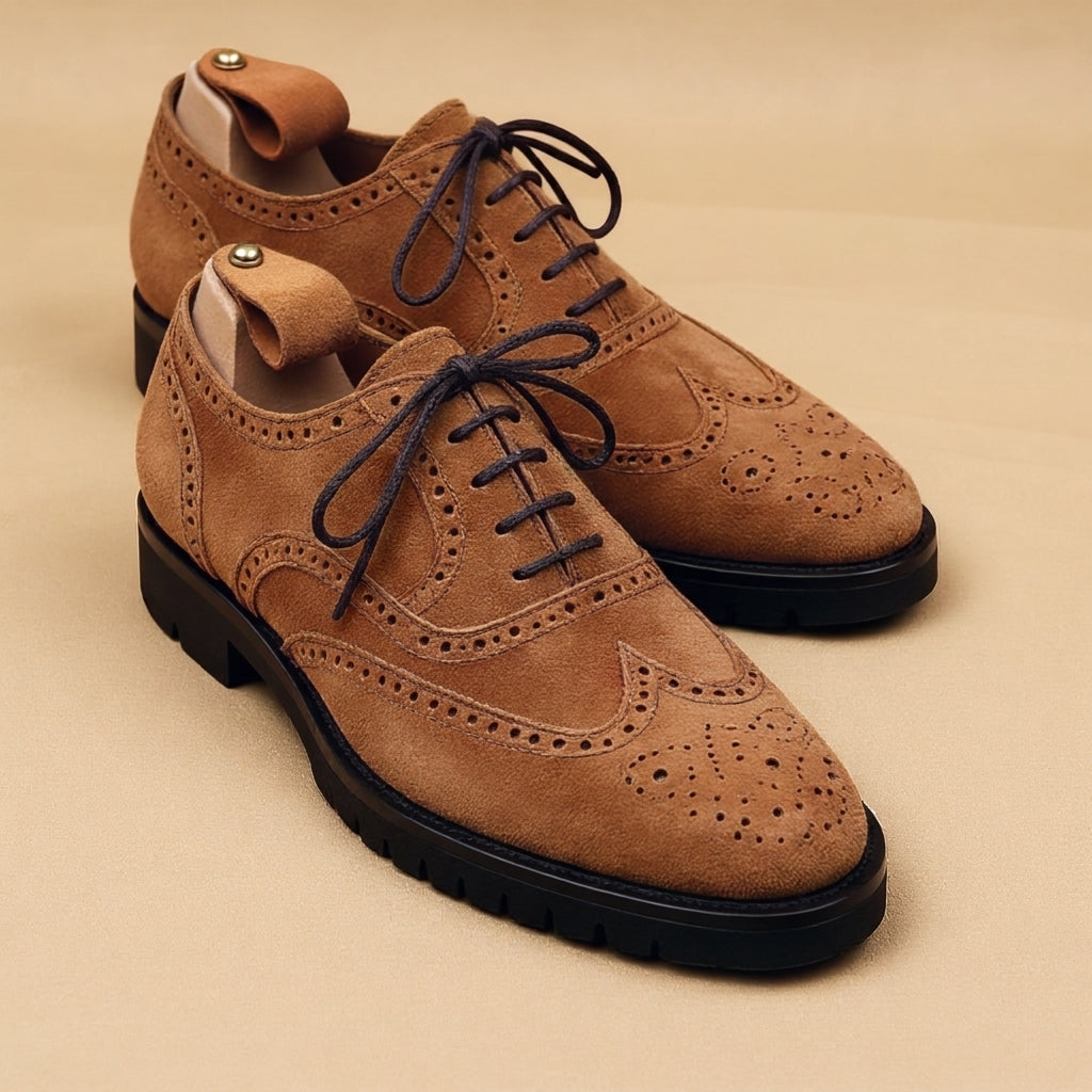 Brown Suede Leather Rene Brogue Chunky Oxfords Shoes WORK EDITION