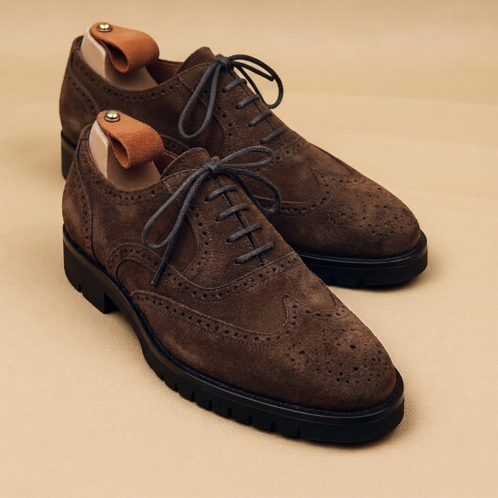 Cream Suede Leather Rene Brogue Chunky Oxfords Shoes WORK EDITION