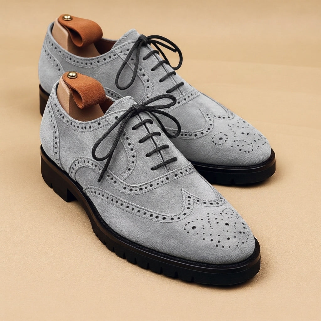 Grey Suede Leather Rene Brogue Chunky Oxfords Shoes WORK EDITION