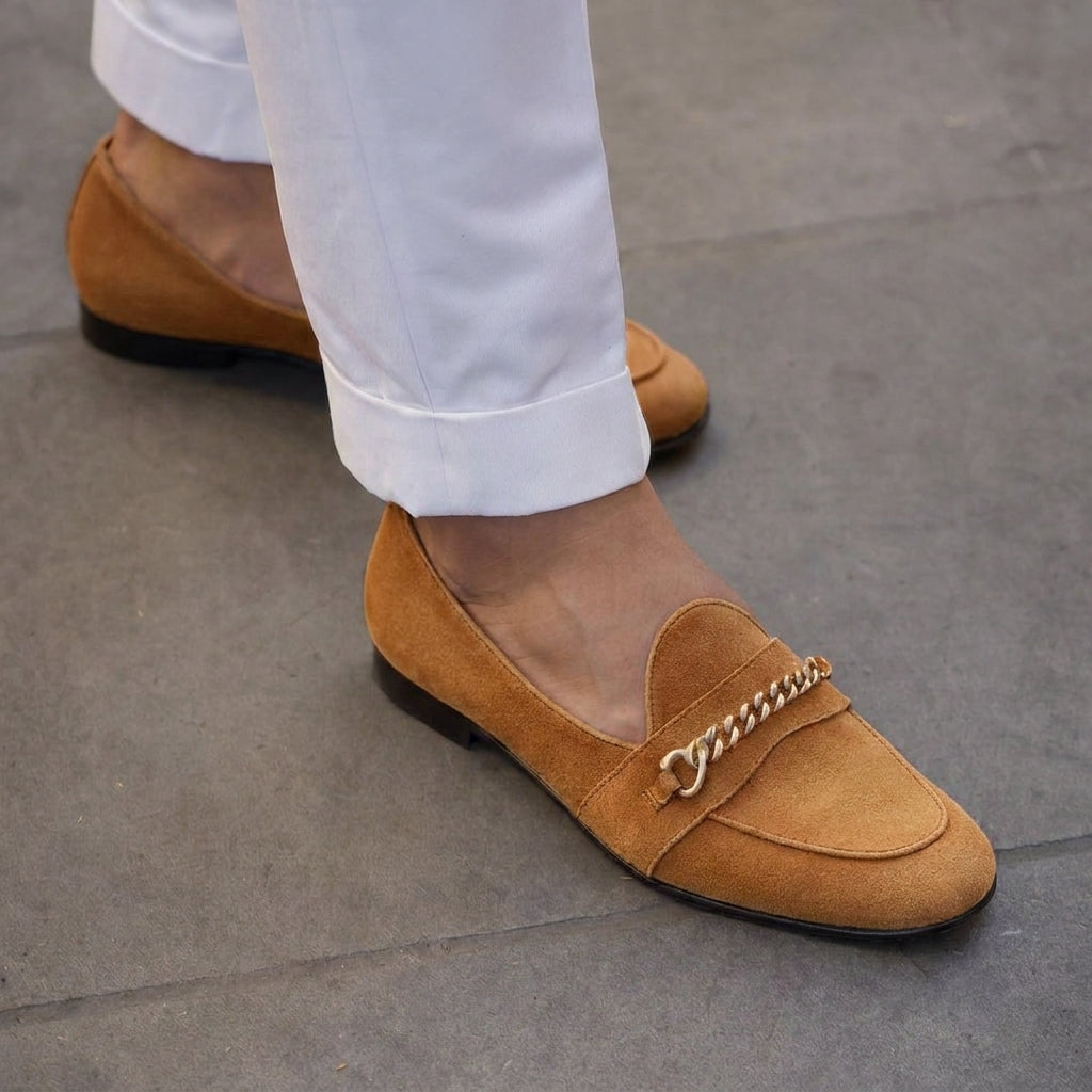 Brown Suede Leather Guida Loafers With Chain