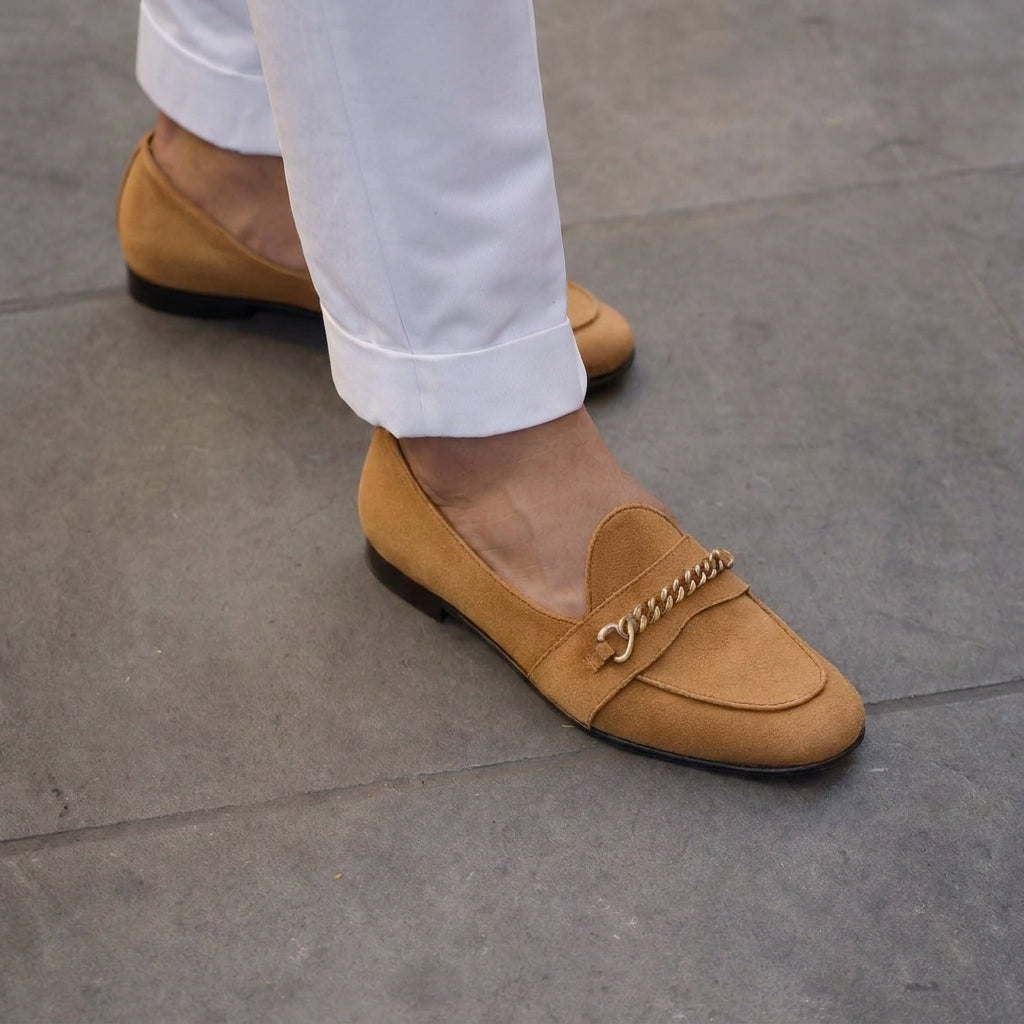 Tan Suede Leather Guida Loafers With Chain