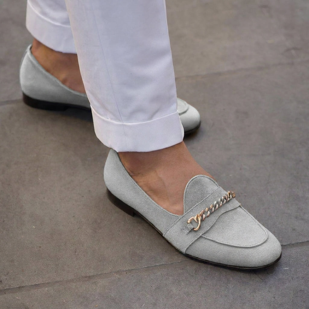 Grey Suede Leather Guida Loafers With Chain