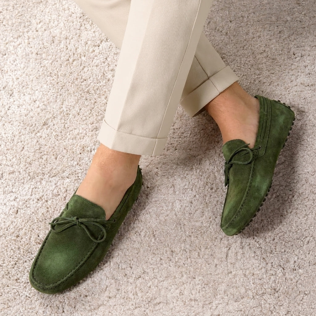 Olive Green Suede Leather Oriela Driving Loafers - AW24 - ITALIAN AW26