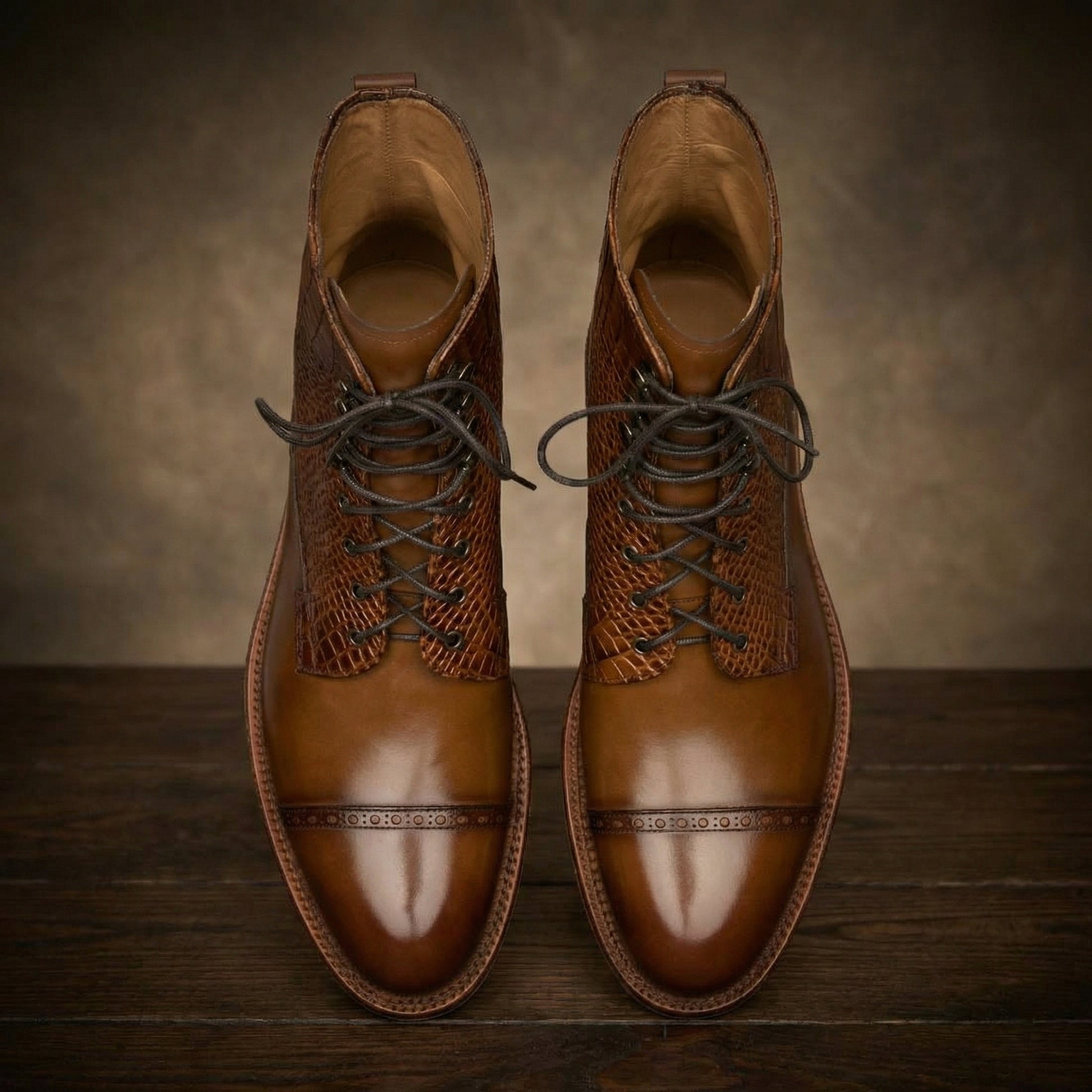 Tan Alligator Textured Leather Furzton Lace Up Boots