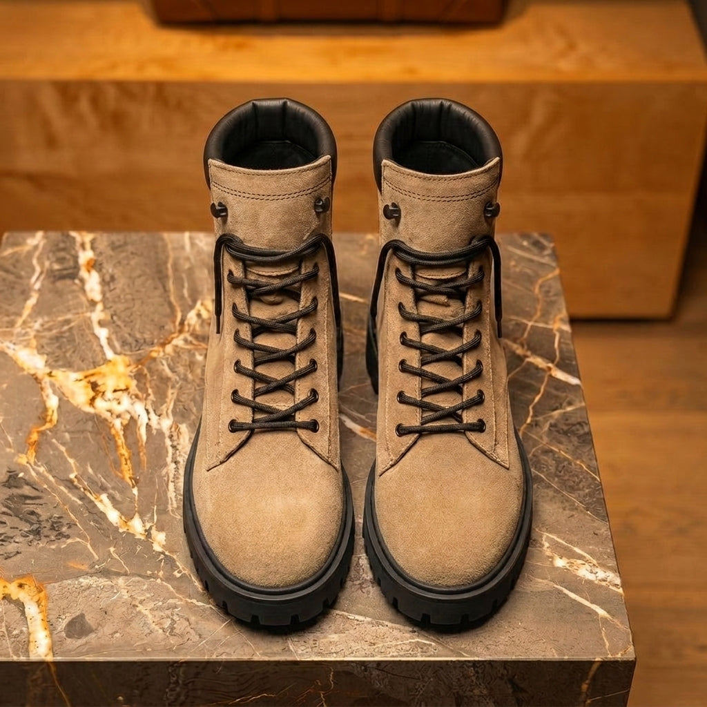 Beige Suede Leather Elvio Combat Boot