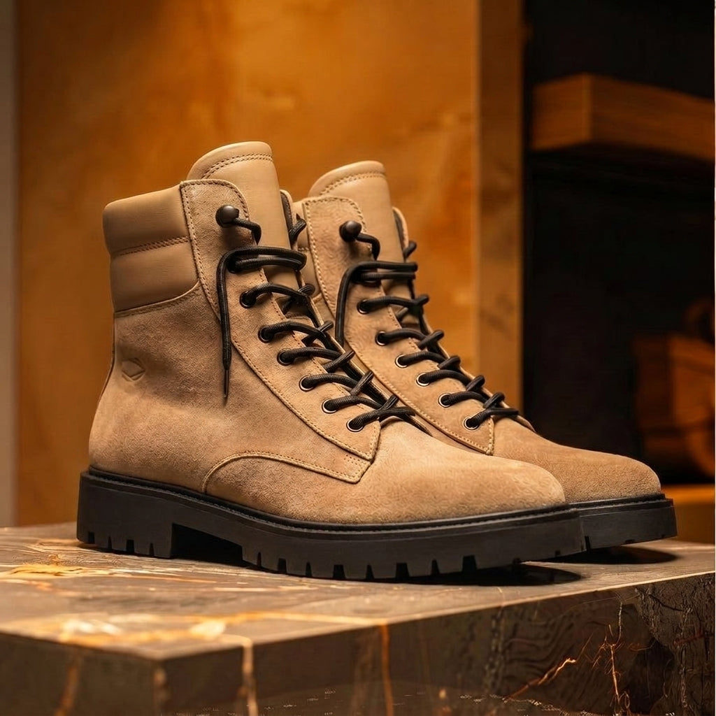 Beige Suede Leather Elvio Combat Boot
