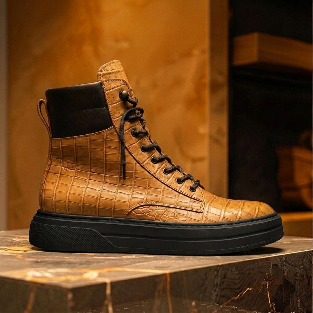 Tan Croc Print Leather Elvio Combat Boot