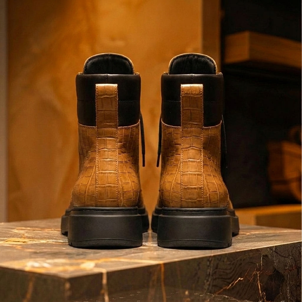 Tan Croc Print Leather Elvio Combat Boot