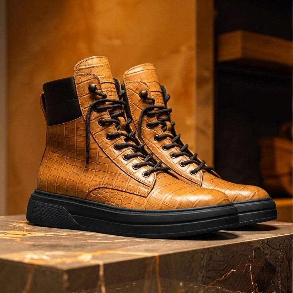 Tan Croc Print Leather Elvio Combat Boot