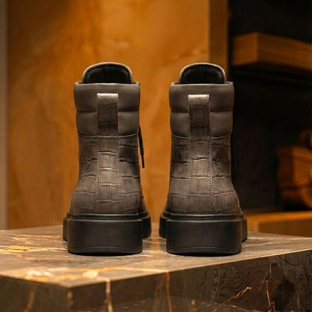 Grey Croc Print Leather Elvio Combat Boot