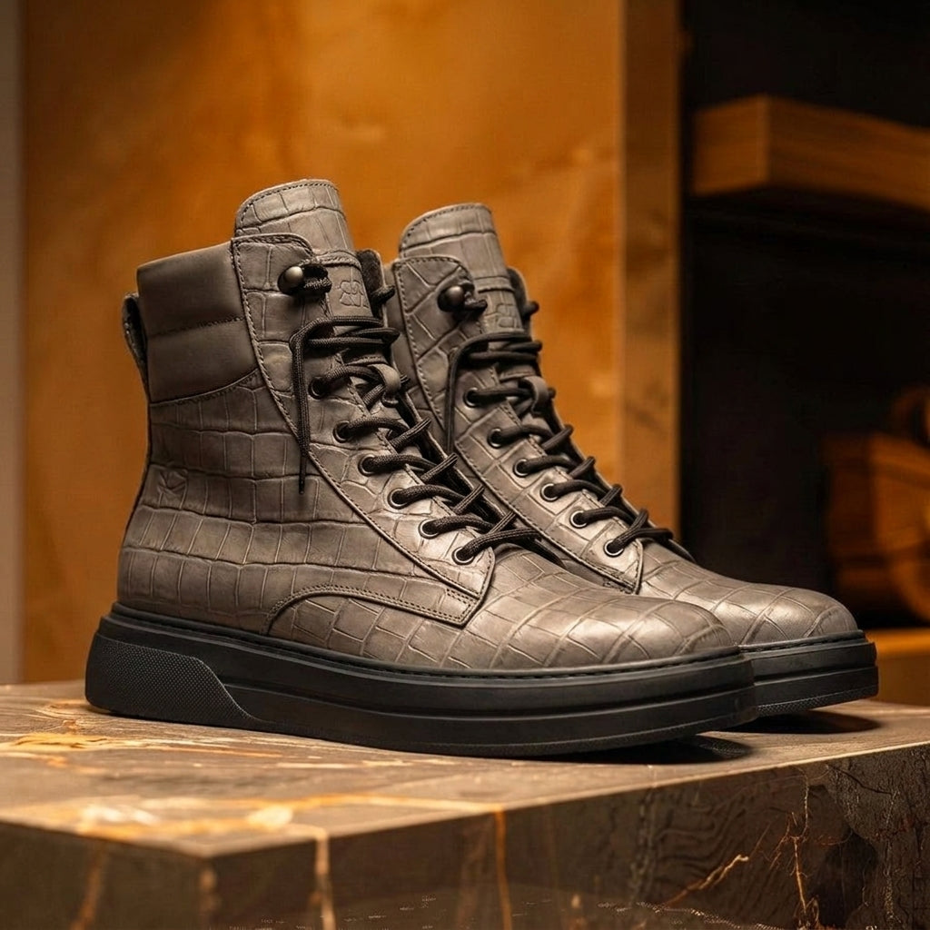 Grey Croc Print Leather Elvio Combat Boot