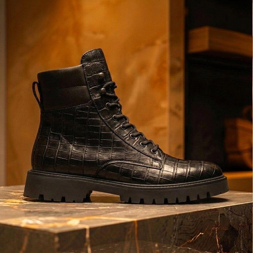 Black Croc Print Leather Elvio Combat Boot