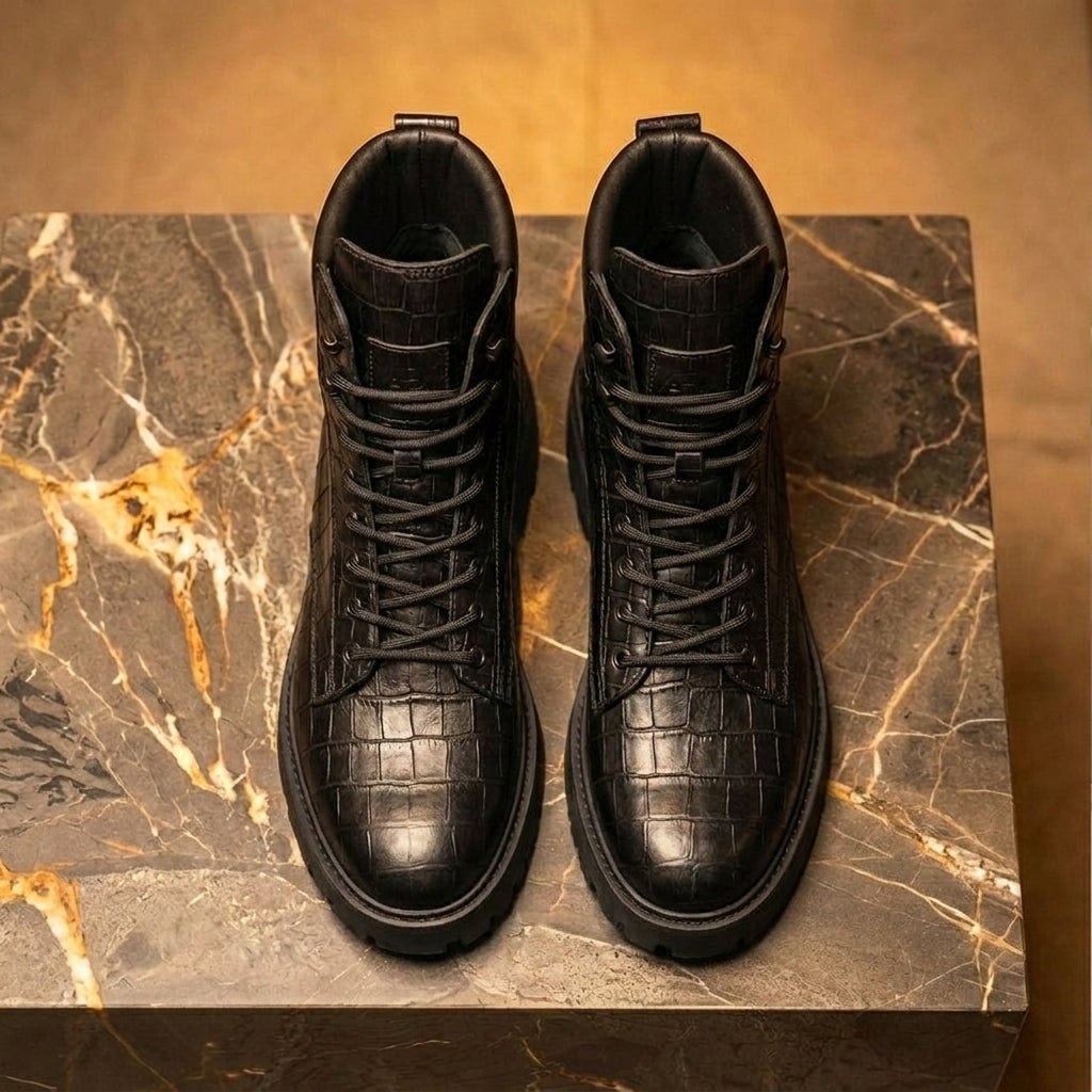 Black Croc Print Leather Elvio Combat Boot