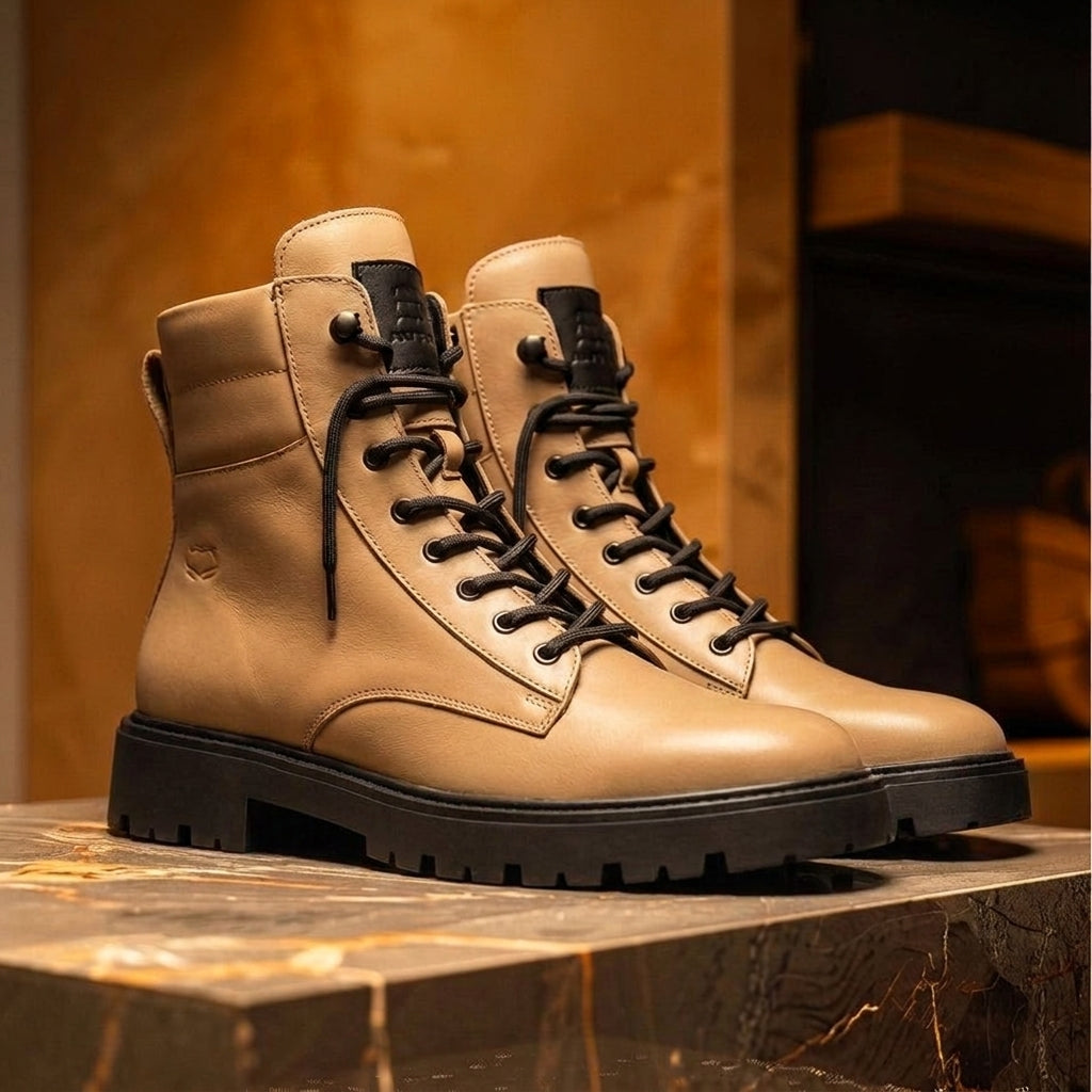 Beige Leather Elvio Combat Boot