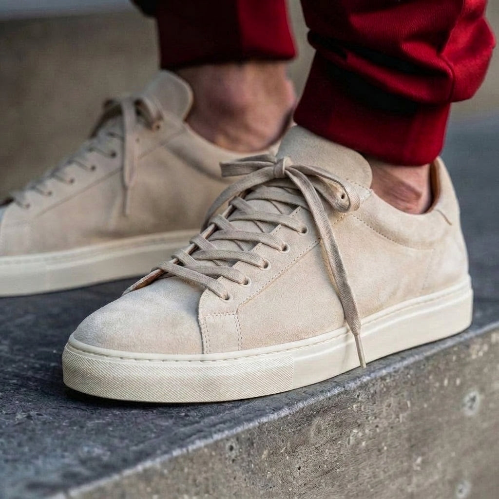 Beige Suede Leather Remigio Lace-Up With Red Sole Sneakers