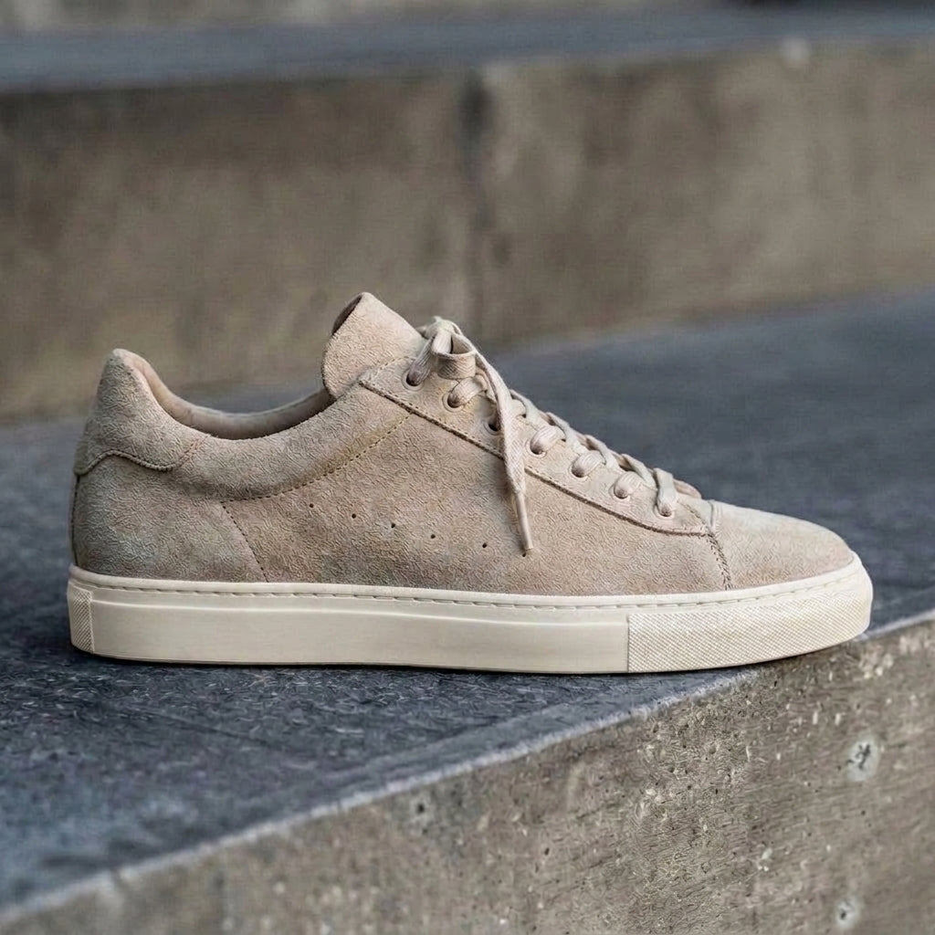 Beige Suede Leather Remigio Lace-Up With Red Sole Sneakers