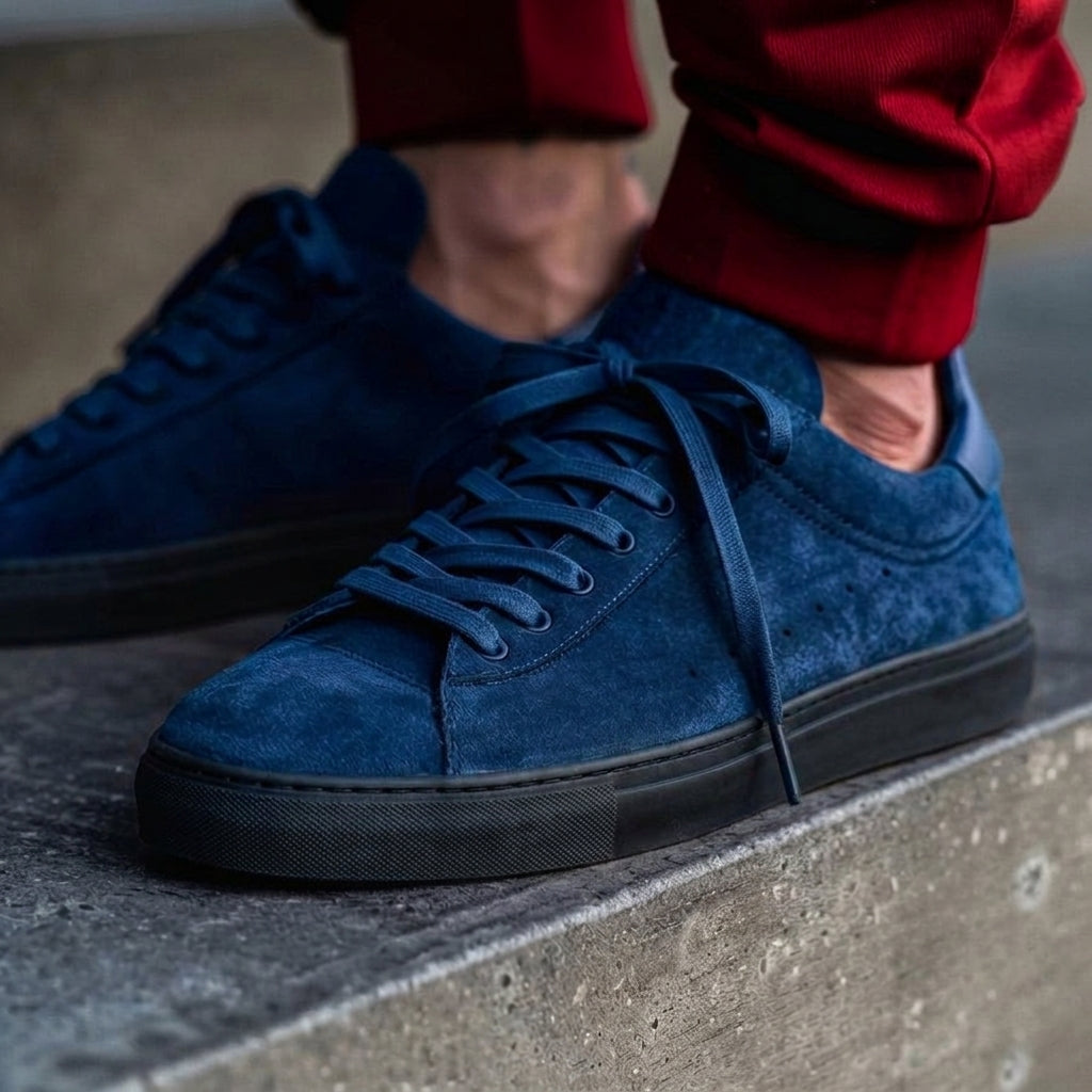 Blue Suede Leather Remigio Lace-Up With Red Sole Sneakers